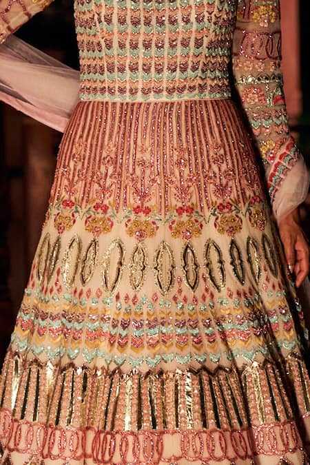 Reynu Taandon_Peach Lining Shantoon, Soft Net Sequins, Embellished Anarkali With Dupatta_at_Aza_Fashions