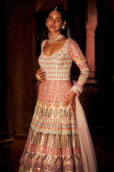 Buy_Reynu Taandon_Peach Lining Shantoon, Soft Net Sequins, Embellished Anarkali With Dupatta_Online_at_Aza_Fashions