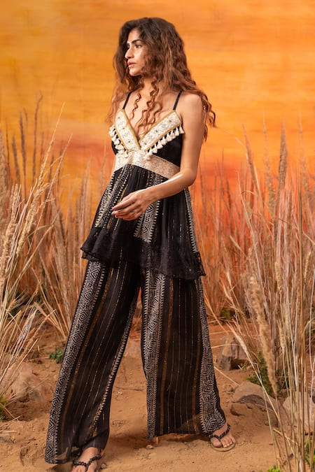 Label Reyya_Black Rayon Crepe Lurex With Sequence Geometric V Neck Printed Top And Pant Set _Online_at_Aza_Fashions