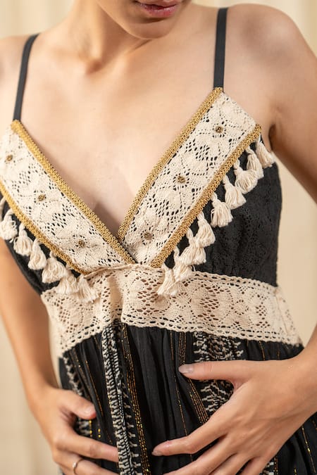 Shop_Label Reyya_Black Rayon Crepe Lurex With Sequence Geometric V Neck Printed Top And Pant Set _Online_at_Aza_Fashions