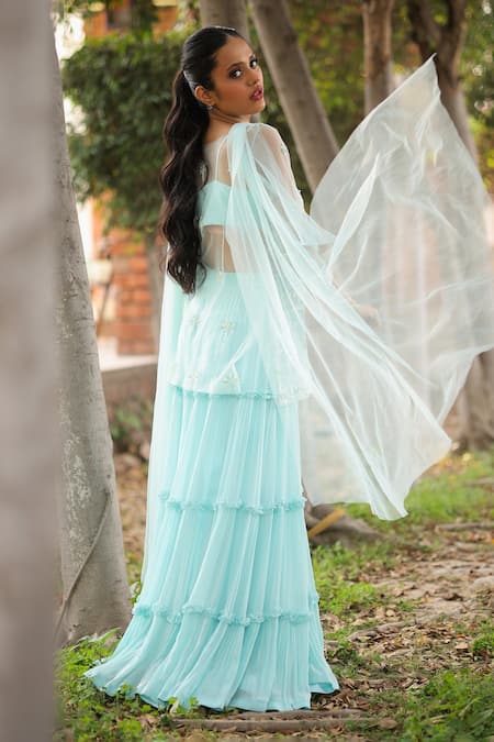 House Of Tushaom Blue Georgette Embroidery Pearl Boat Neck Floral Cutdana Kurta Set Online at Aza Fashions House Of Tushaom_Blue Georgette Embroidery Pearl Boat Neck Floral Cutdana Kurta Set _Online_at_Aza_Fashions