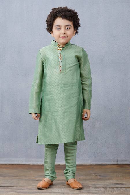 Torani_Green Chanderi Hand Block Print Sherwani Set _Online_at_Aza_Fashions