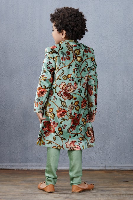 Shop_Torani_Green Chanderi Hand Block Print Sherwani Set _at_Aza_Fashions