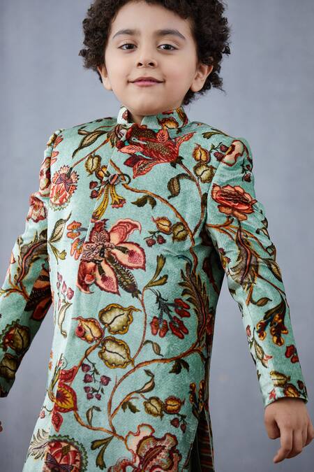 Torani_Green Chanderi Hand Block Print Sherwani Set _at_Aza_Fashions