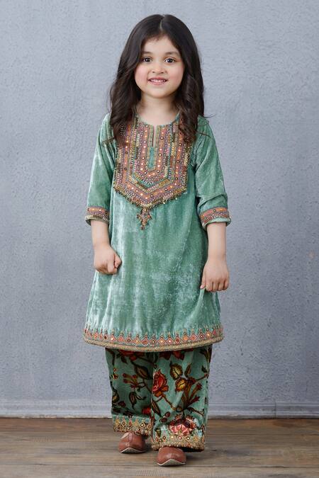 Torani_Green Velvet, Voile, Cotton, Silk Embroidery Kurta And Pant Set _Online_at_Aza_Fashions