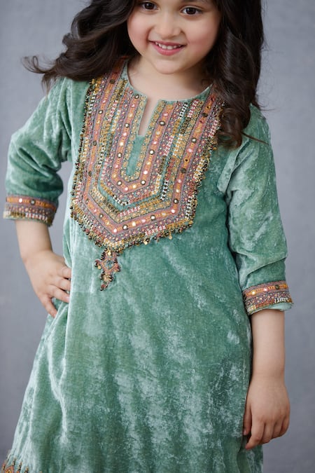 Buy_Torani_Green Velvet, Voile, Cotton, Silk Embroidery Kurta And Pant Set _Online_at_Aza_Fashions