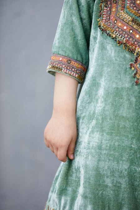 Shop_Torani_Green Velvet, Voile, Cotton, Silk Embroidery Kurta And Pant Set _Online_at_Aza_Fashions