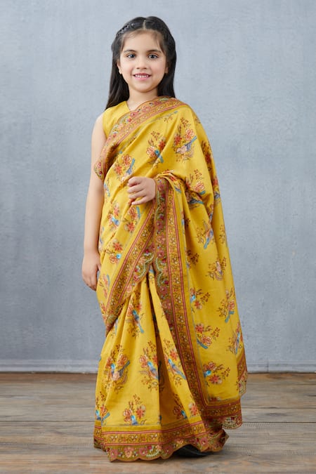 Torani Yellow Chanderi, Cotton Embroidery Printed Silk Saree With Blouse Online at Aza Fashions Torani_Yellow Chanderi, Cotton Embroidery Printed Silk Saree With Blouse_Online_at_Aza_Fashions
