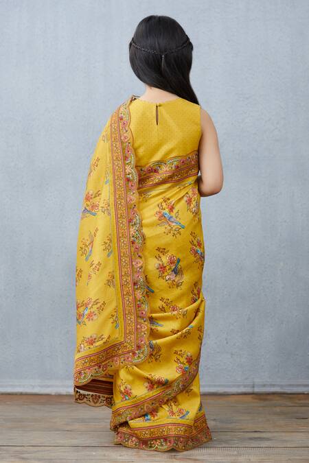 Shop Torani Yellow Chanderi, Cotton Embroidery Printed Silk Saree With Blouse at Aza Fashions Shop_Torani_Yellow Chanderi, Cotton Embroidery Printed Silk Saree With Blouse_at_Aza_Fashions