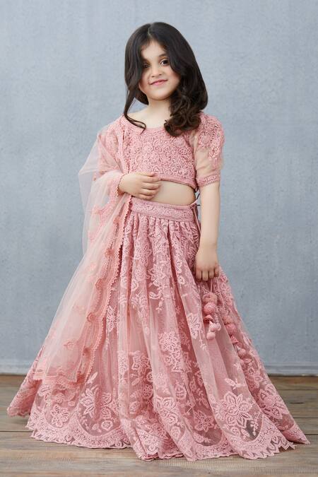 Torani_Pink Net, Silk, Cotton Embroidery Floral Lehenga Set _Online_at_Aza_Fashions