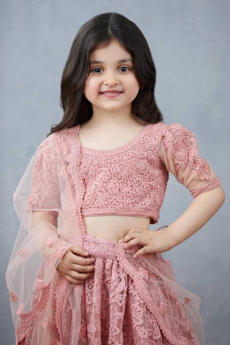 Shop_Torani_Pink Net, Silk, Cotton Embroidery Floral Lehenga Set _Online_at_Aza_Fashions