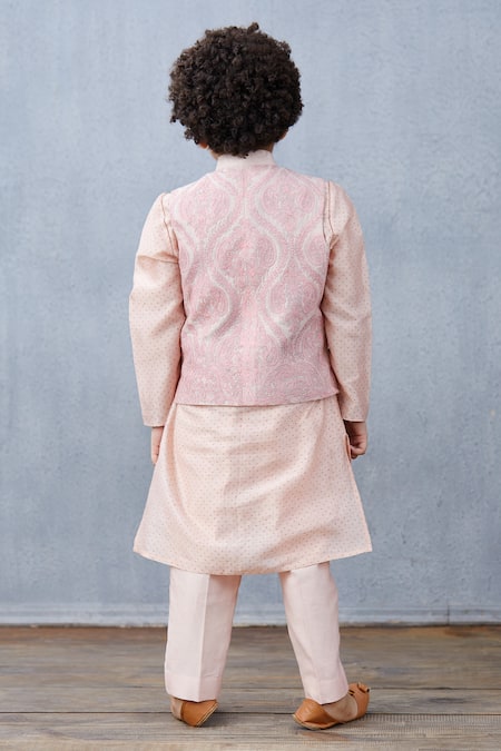 Shop Torani Pink Chanderi, Cotton Embroidery Kurta Set With Nehru Jacket at Aza Fashions Shop_Torani_Pink Chanderi, Cotton Embroidery Kurta Set With Nehru Jacket _at_Aza_Fashions