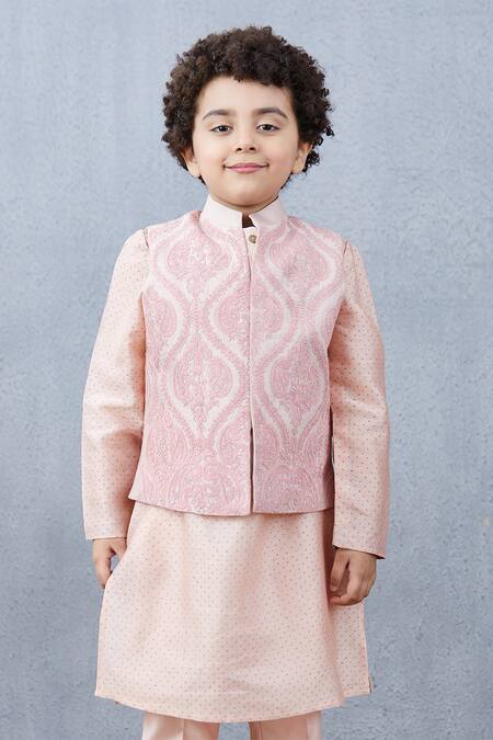 Torani Pink Chanderi, Cotton Embroidery Kurta Set With Nehru Jacket Online at Aza Fashions Torani_Pink Chanderi, Cotton Embroidery Kurta Set With Nehru Jacket _Online_at_Aza_Fashions