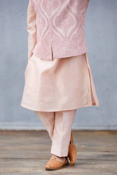 Shop Torani Pink Chanderi, Cotton Embroidery Kurta Set With Nehru Jacket Online at Aza Fashions Shop_Torani_Pink Chanderi, Cotton Embroidery Kurta Set With Nehru Jacket _Online_at_Aza_Fashions