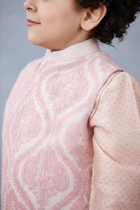 Torani Pink Chanderi, Cotton Embroidery Kurta Set With Nehru Jacket at Aza Fashions Torani_Pink Chanderi, Cotton Embroidery Kurta Set With Nehru Jacket _at_Aza_Fashions