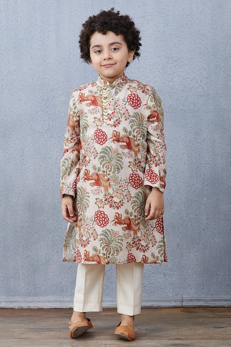 Torani Beige Chanderi, Cotton, Silk Embroidery Printed Kurta And Pant Set