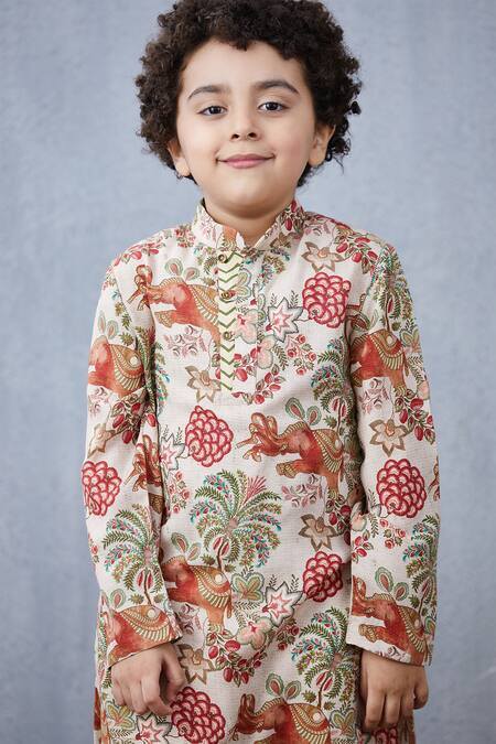 Torani_Beige Chanderi, Cotton, Silk Embroidery Printed Kurta And Pant Set _Online_at_Aza_Fashions