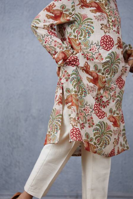 Buy_Torani_Beige Chanderi, Cotton, Silk Embroidery Printed Kurta And Pant Set _Online_at_Aza_Fashions