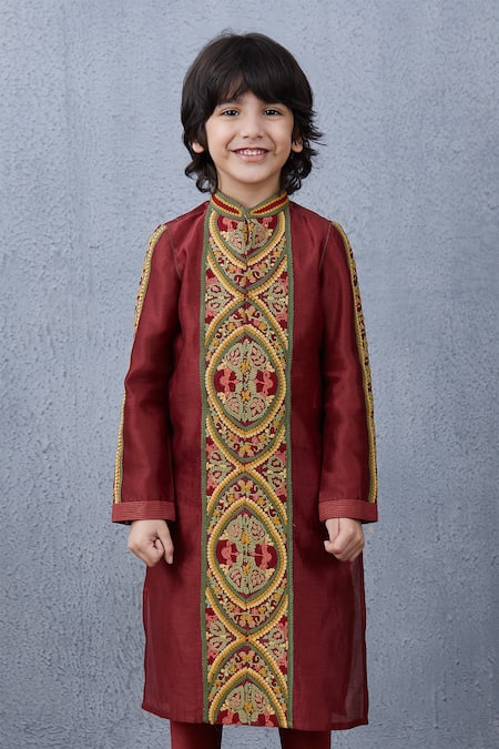Torani_Maroon Chanderi, Cotton Embroidery Kurta Set _Online_at_Aza_Fashions