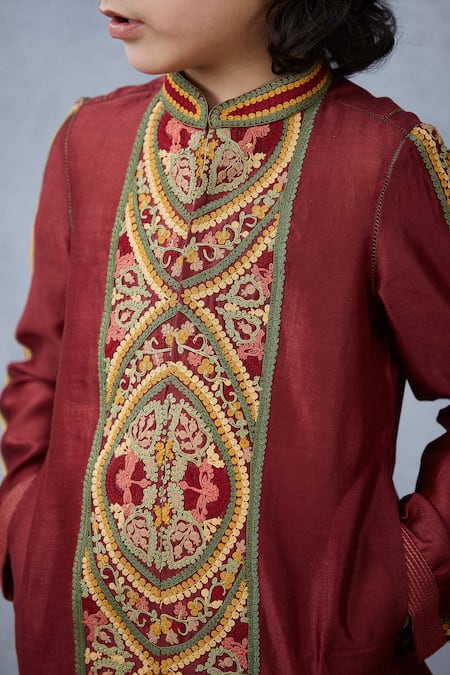 Buy_Torani_Maroon Chanderi, Cotton Embroidery Kurta Set _Online_at_Aza_Fashions