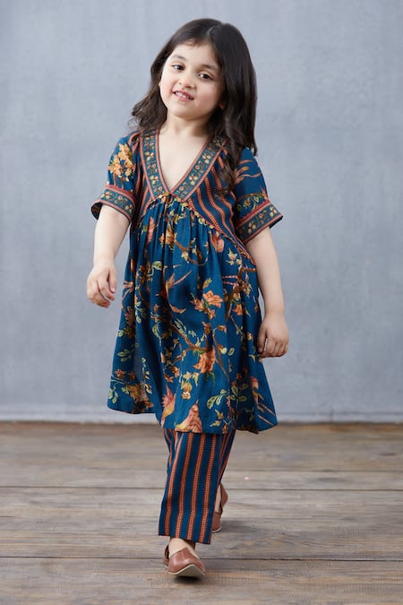 Torani_Blue Cotton, Silk, Lace Embroidery Printed Flared Kurta And Pant Set _Online_at_Aza_Fashions