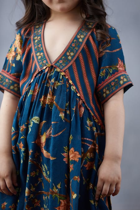 Buy_Torani_Blue Cotton, Silk, Lace Embroidery Printed Flared Kurta And Pant Set _Online_at_Aza_Fashions