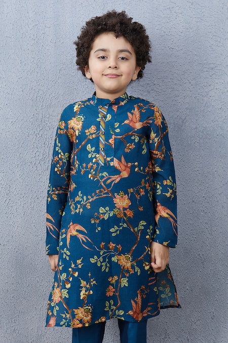 Torani_Blue Chanderi, Cotton, Silk Embroidery Printed Kurta And Pant Set _Online_at_Aza_Fashions