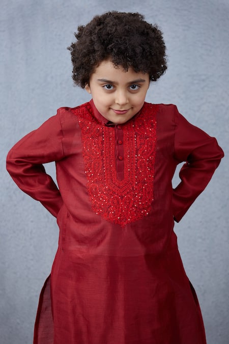 Torani_Red Chanderi Embroidery Surkh Karam Kurta And Pant Set _Online_at_Aza_Fashions