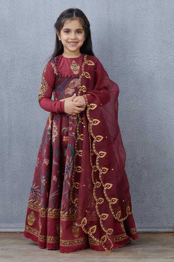 Torani_Maroon Handloom Cotton, Silk Organza, Chanderi Floral Motif Lehenga Set_Online_at_Aza_Fashions