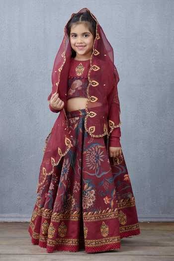 Buy_Torani_Maroon Handloom Cotton, Silk Organza, Chanderi Floral Motif Lehenga Set_Online_at_Aza_Fashions