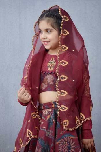 Shop_Torani_Maroon Handloom Cotton, Silk Organza, Chanderi Floral Motif Lehenga Set_Online_at_Aza_Fashions