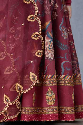 Torani_Maroon Handloom Cotton, Silk Organza, Chanderi Floral Motif Lehenga Set_at_Aza_Fashions