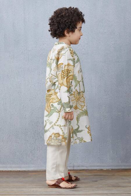 Torani_White Chanderi Sarso Chintz Pulkit Kurta And Pant Set_Online_at_Aza_Fashions