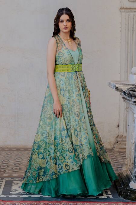Buy_Nikita Vishakha_Green Organza, Net Persian Carpet Pattern And Cheed Handwork Printed & Set _Online_at_Aza_Fashions