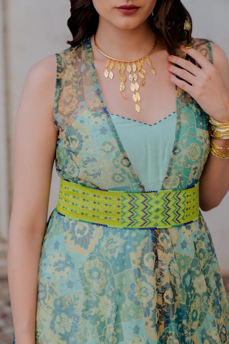 Shop_Nikita Vishakha_Green Organza, Net Persian Carpet Pattern And Cheed Handwork Printed & Set _Online_at_Aza_Fashions