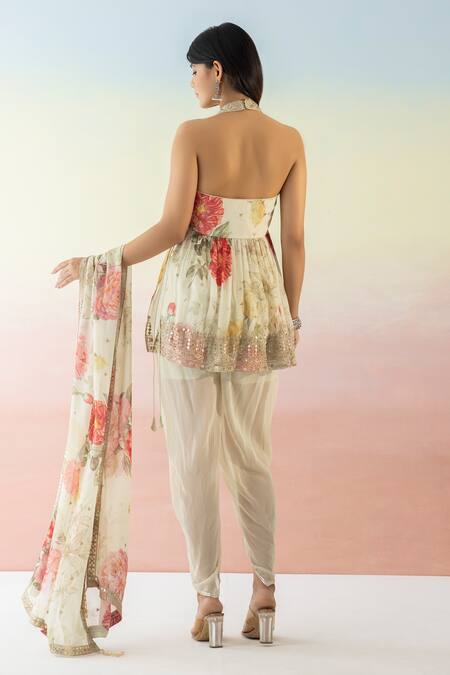 Shop Basanti - Kapde Aur Koffee Ivory Georgette Embroidered Floral Halter Print Kurta Dhoti Pant Set at Aza Fashions Shop_Basanti - Kapde Aur Koffee_Ivory Georgette Embroidered Floral Halter Print Kurta Dhoti Pant Set _at_Aza_Fashions