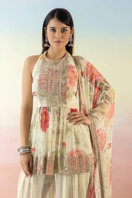 Basanti - Kapde Aur Koffee Ivory Georgette Embroidered Floral Halter Print Kurta Dhoti Pant Set Online at Aza Fashions Basanti - Kapde Aur Koffee_Ivory Georgette Embroidered Floral Halter Print Kurta Dhoti Pant Set _Online_at_Aza_Fashions