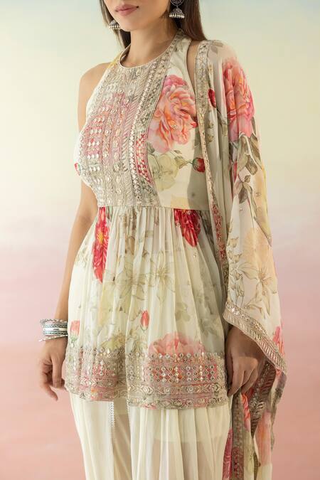 Buy Basanti - Kapde Aur Koffee Ivory Georgette Embroidered Floral Halter Print Kurta Dhoti Pant Set Online at Aza Fashions Buy_Basanti - Kapde Aur Koffee_Ivory Georgette Embroidered Floral Halter Print Kurta Dhoti Pant Set _Online_at_Aza_Fashions