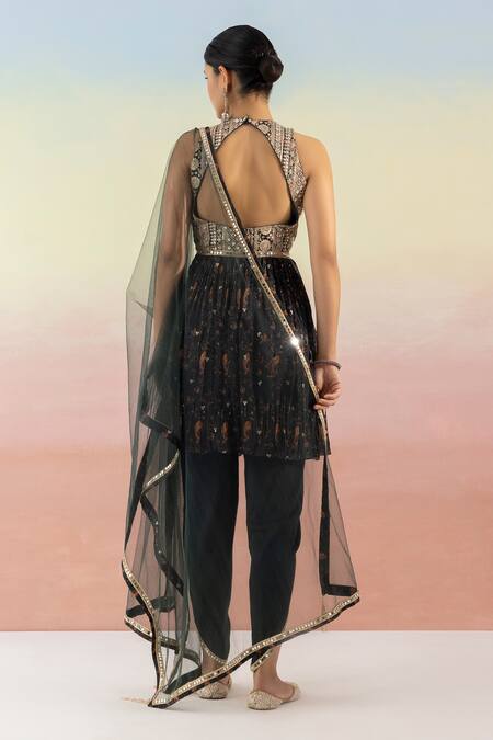 Shop_Basanti - Kapde Aur Koffee_Black Printed Georgette Floral Round Kurta Dhoti Pant Set_at_Aza_Fashions