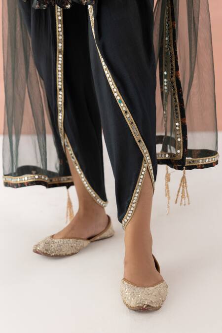 Shop_Basanti - Kapde Aur Koffee_Black Printed Georgette Floral Round Kurta Dhoti Pant Set_Online_at_Aza_Fashions