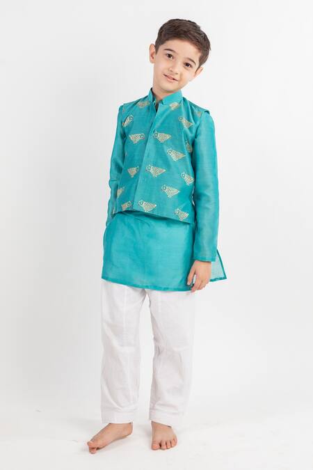 Buy MR Brat Blue Chanderi, Cotton, Muslin Embroidery Teal Bundi And Kurta Set Online at Aza Fashions Buy_MR Brat_Blue Chanderi, Cotton, Muslin Embroidery Teal Bundi And Kurta Set _Online_at_Aza_Fashions