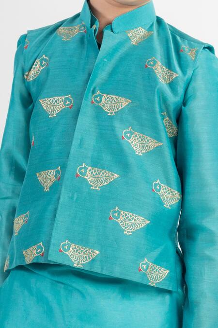 MR Brat Blue Chanderi, Cotton, Muslin Embroidery Teal Bundi And Kurta Set at Aza Fashions MR Brat_Blue Chanderi, Cotton, Muslin Embroidery Teal Bundi And Kurta Set _at_Aza_Fashions