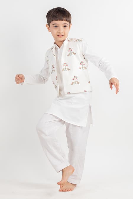 MR Brat White Cotton, Muslin Sequins, Embroidery Bird Motif Printed Bundi Kurta Set