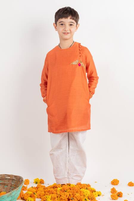 MR Brat_Orange Cotton Embroidery Zari Kurta Set _Online_at_Aza_Fashions
