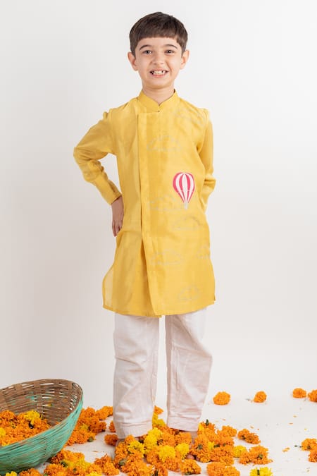 MR Brat Yellow Chanderi, Cotton Embroidery Overlap Kurta Set