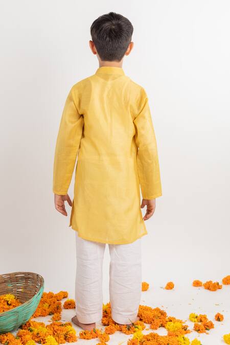 Shop MR Brat Yellow Chanderi, Cotton Embroidery Overlap Kurta Set at Aza Fashions Shop_MR Brat_Yellow Chanderi, Cotton Embroidery Overlap Kurta Set _at_Aza_Fashions