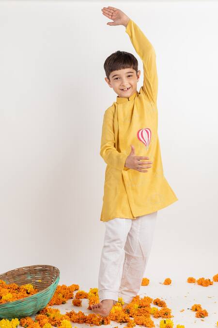 MR Brat Yellow Chanderi, Cotton Embroidery Overlap Kurta Set Online at Aza Fashions MR Brat_Yellow Chanderi, Cotton Embroidery Overlap Kurta Set _Online_at_Aza_Fashions