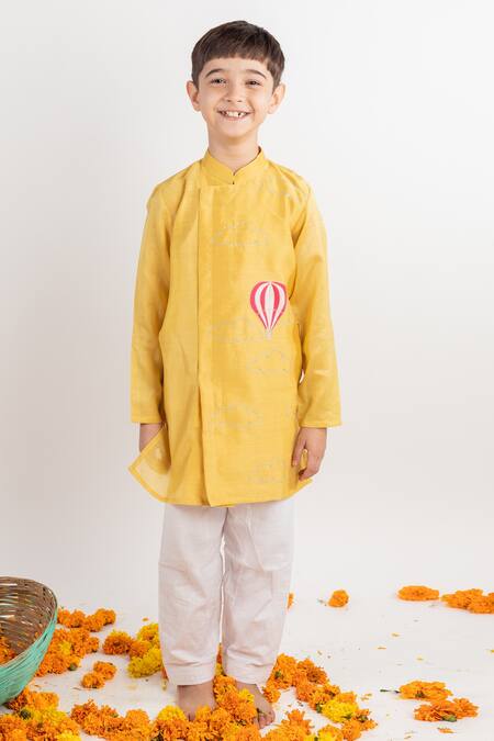 Buy MR Brat Yellow Chanderi, Cotton Embroidery Overlap Kurta Set Online at Aza Fashions Buy_MR Brat_Yellow Chanderi, Cotton Embroidery Overlap Kurta Set _Online_at_Aza_Fashions