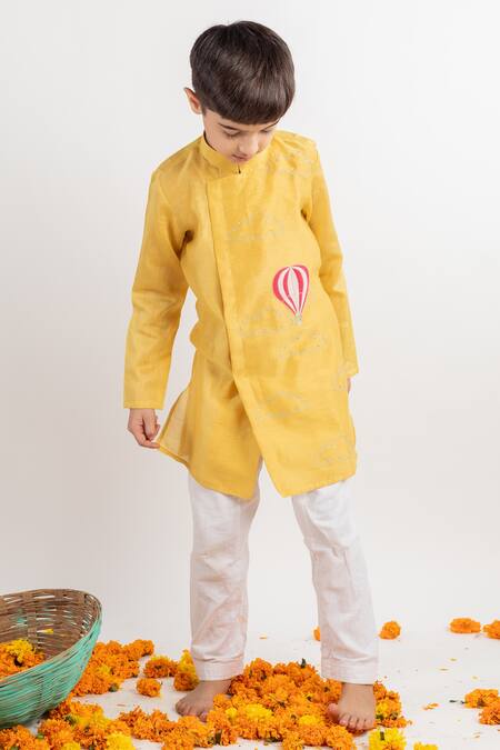 Shop MR Brat Yellow Chanderi, Cotton Embroidery Overlap Kurta Set Online at Aza Fashions Shop_MR Brat_Yellow Chanderi, Cotton Embroidery Overlap Kurta Set _Online_at_Aza_Fashions
