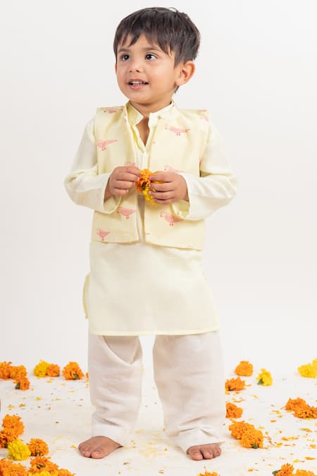 MR Brat Green Chanderi Silk, Cotton, Muslin Printed Bundi And Kurta Set